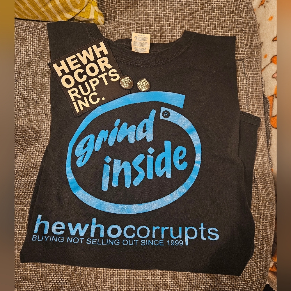 Hewhocorrupts Grind Inside XL T-Shirt & Patch and two 1" Buttons Bundle